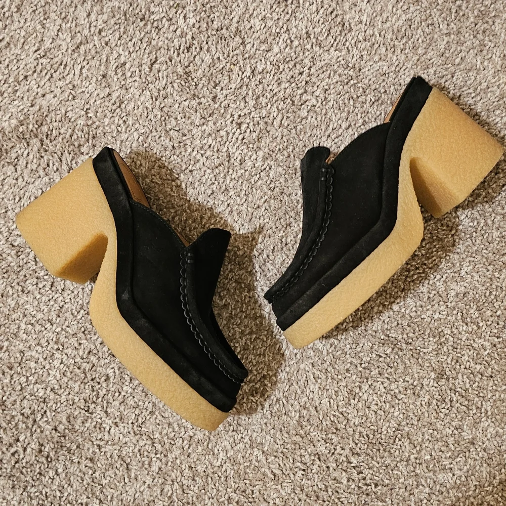 Chloé Black Suede Mules with Cream Crepe Platform - Picture 6 of 12